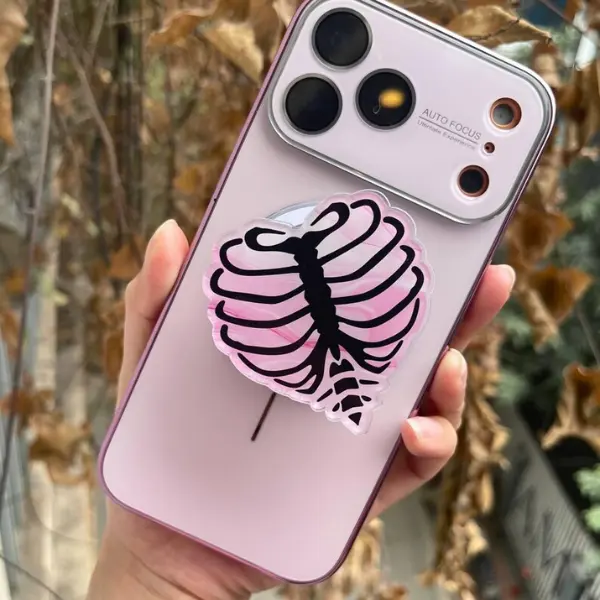 Pink Skeleton Ribcage Heart MagSafe Phone Grip, Gothic Coquette Magnetic Phone Holder, Cute Spooky Aesthetic Grip, Goth Gift For Her sticky Baby mount Library Card Flower-Shaped Multi-Functional Stand Universal Car Bat accessories