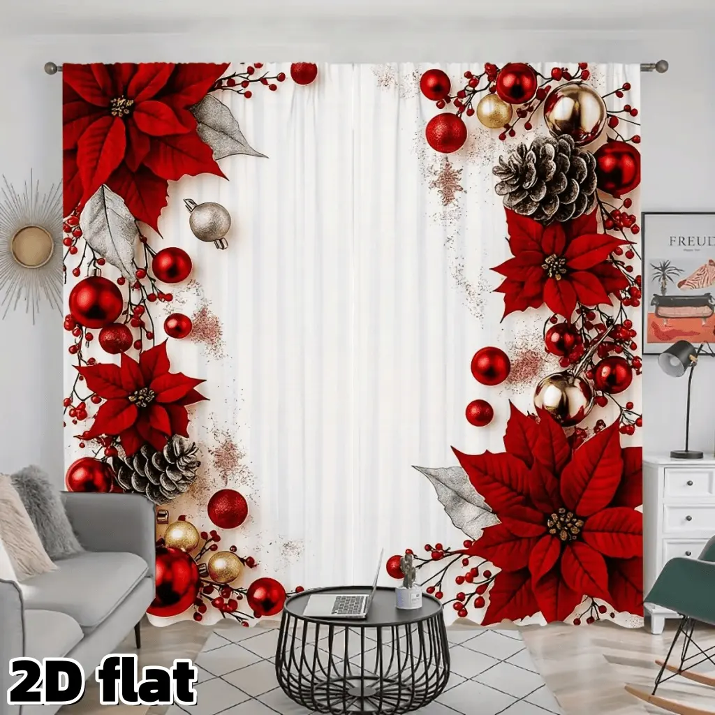 2D Flat 2Pcs Christmas Poinsettia Curtain Panels Home Decoration Curtain Festive Red Flowers Pinecone Baubles Design Rod Pocket Style Semi Sheer Polyester Suitable for Living Room Bedroom Kitchen Holiday Window Decor Anti Privacy