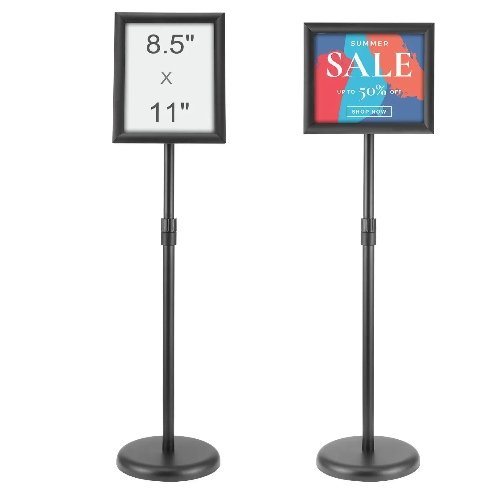VEVOR Adjustable Aluminum Pedestal Sign Holder, 8.5x11 in Vertical/Horiz., 360° Rotatable Heavy-Duty Floor Standing Stand with Sand/Water-Fillable Round Base, Outdoor Use, Black, Durable, Corrosion-Resistant#BackToSchool