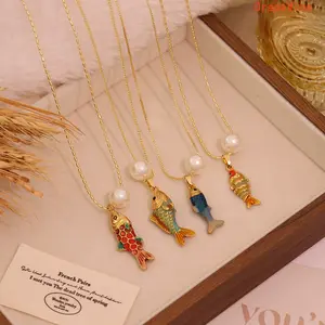 Women's Colorful Koi Fish Imitation Pearl Pendant Necklace - Titanium Steel Stylish Clavicle Chain, Daily Wear Accessory for Sports & Outdoor Enthusiasts