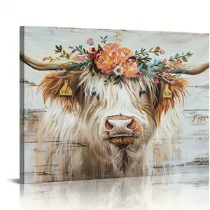1 piece framed wooden canvas painting, charming highland cow with wreath - framed canvas wall art for bedroom, living room or hallway decoration