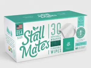 Stall Mates Wipes - 30 Individually Wrapped Flushable Wet Wipes with Vitamin-E & Aloe Unscented Hypoallergenic Travel Friendly Toilet Napkins