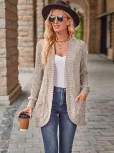 Women's Plain Pocket Open Front Cardigan, Casual Basic Long Sleeve Knitwear for Spring & Fall, Fashion Women's Knit Clothing for Daily Wear??gift?? Womenswear EverydayGift