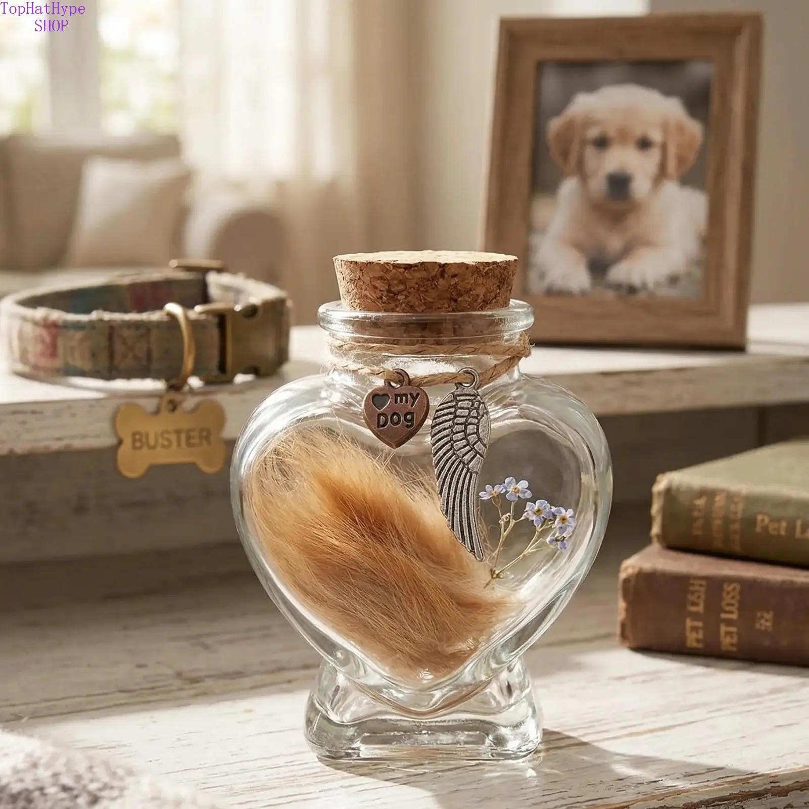 Heart Shape Glass Keepsake Jar for Pet Fur Storage with Cork Stopper and Angel Wing Charm, a Remembrance Tribute and Pet Loss Memorial Gift