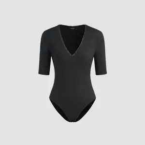 Cider [3 colors, size 2-26] Knit V-neck Solid Lace Bodysuit