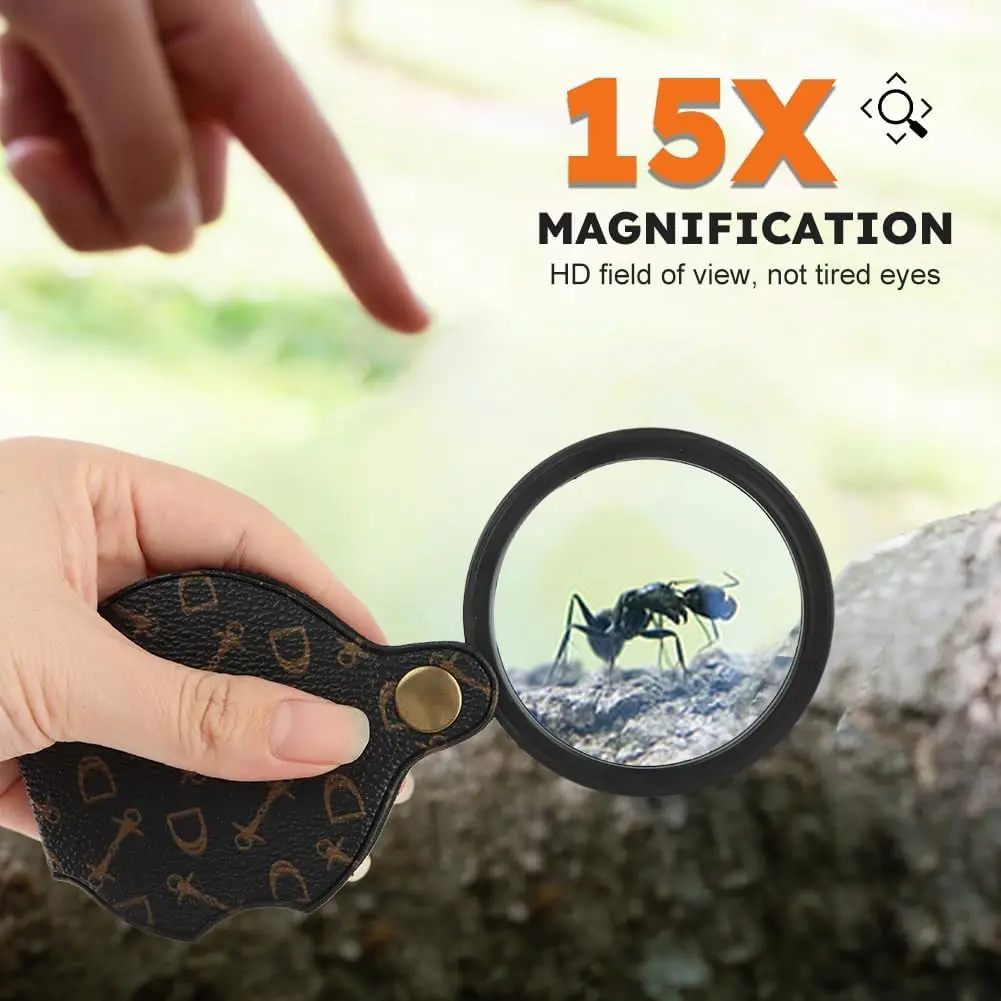 2PCS 15X Small Pocket Magnifying Lenses Glass, Mini Pocket Magnifier Folding Magnify Glass with Rotating Protective Holster for Reading Inspection Coin Jewelry or Exploring
