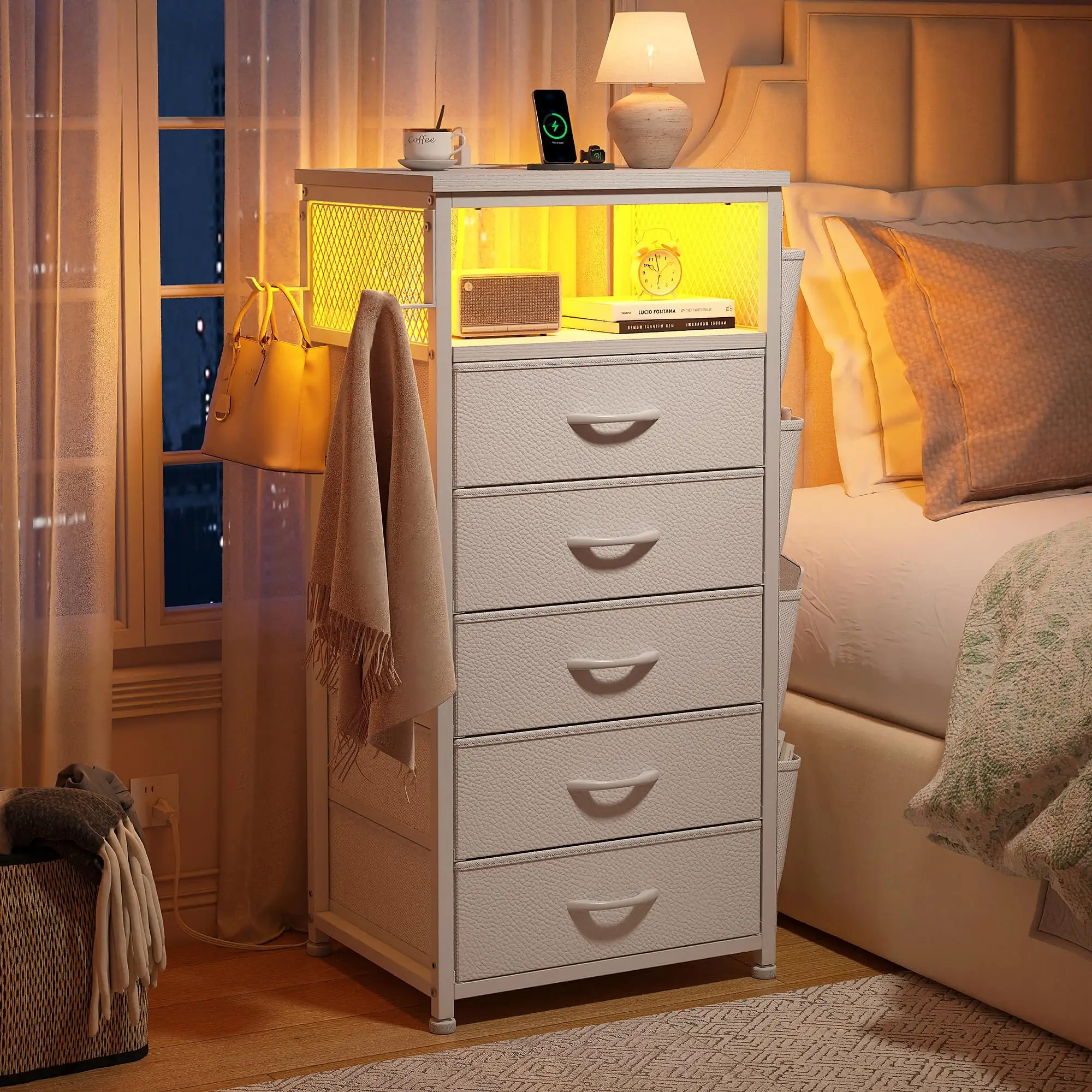 Raybee Furniture Night Stand Set 2 with Charging Station, Tall Nightstand with 5 Dresser Drawers, LED Nightstands with USB Ports & Outlets, Nightstand