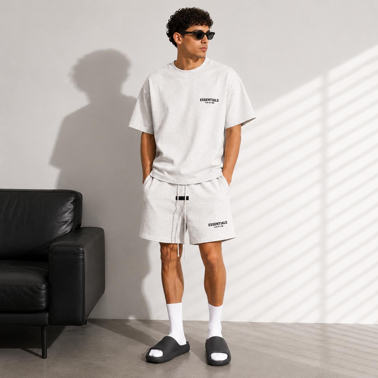 (Tee and Shorts) Fear of God Essentials T-shirt & Shorts Set Stretch Light Oatmeal OVER SIZE Casual Wear Comfortable Fit Simple Design Versatile Everyday Wear Menswear Tops Crewneck ShortSleeve Light