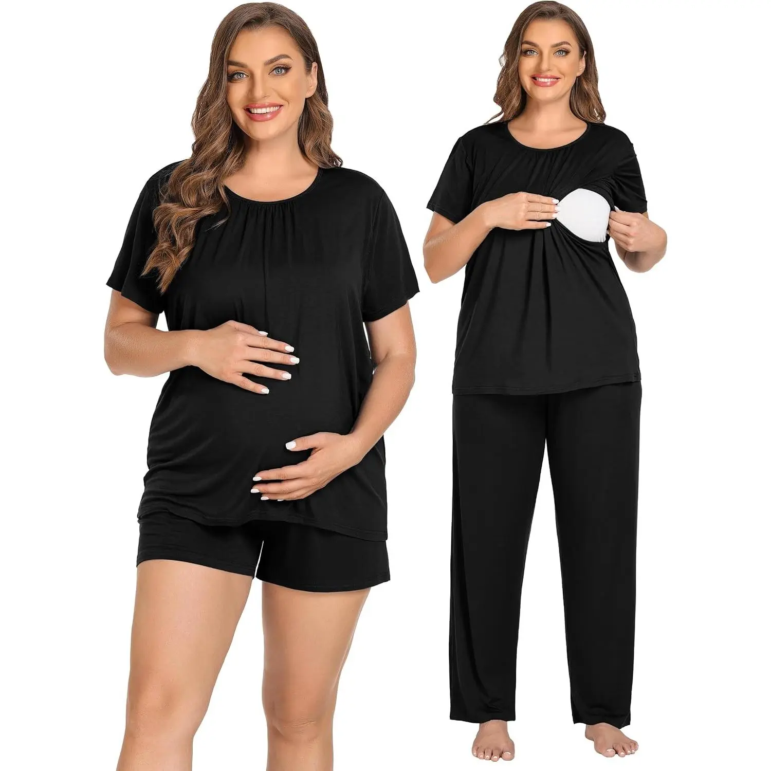 3-Piece Maternity Pajama Set, Soft Modal Nursing Sleepwear for Women, Skin-Friendly Loungewear with Adjustable Elastic Waist and Pockets, Pocket, Maternity Pajamas, Convenient Pockets