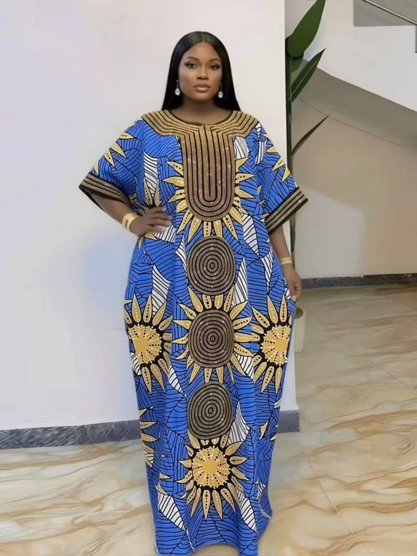 New high-end party rhinestone loose large-size casual traditional ethnic boubou kaftan women's dress Style, elegant and classy, plus-size party, holiday, daily wear, women's beach vacation summer dress with scarf and pockets 2026