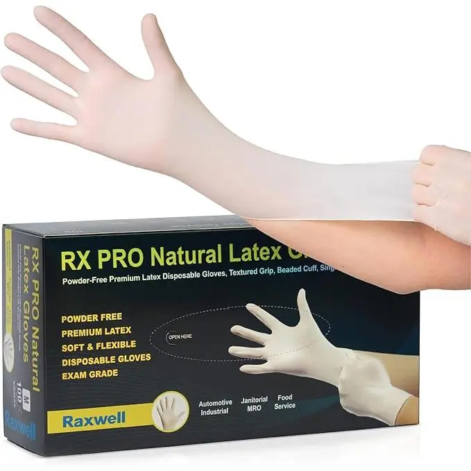 Raxwell Disposable Latex Gloves 8.5 Mil, Powder-Free, Puncture Resistant, Medical & Food Safe, Heavy-Duty, High Tactile Sensitivity | Box of 100