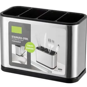Freestanding Stainless Steel Cutlery Holder with Drain Holes & 4 Compartments