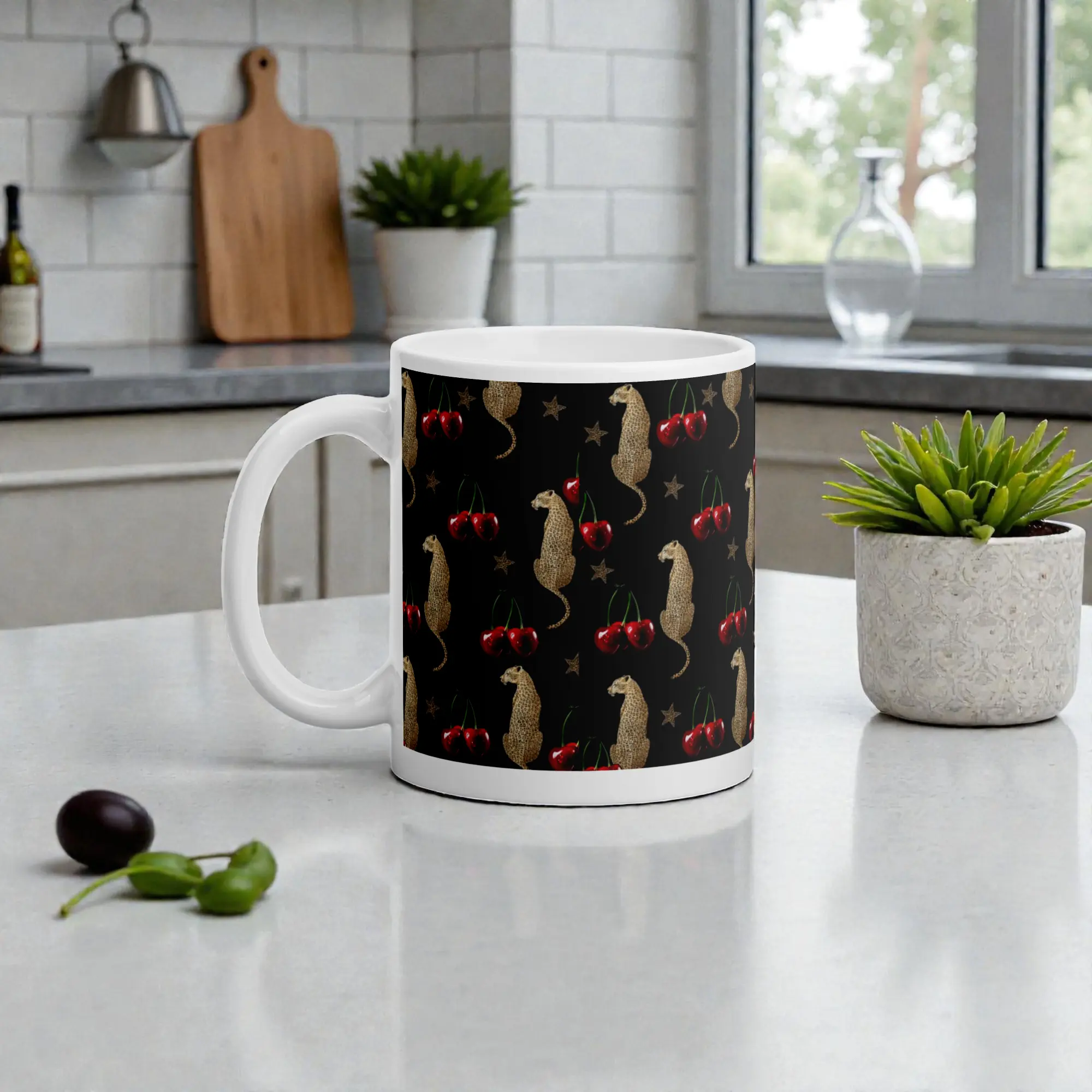 Cheetah & Cherries Mug - 11 oz Ceramic Cup with Playful Cherry Details & Cheetah Print Lead & BPA-Free Dishwasher & Microwave Safe Sustainable Choice work gift for coffee