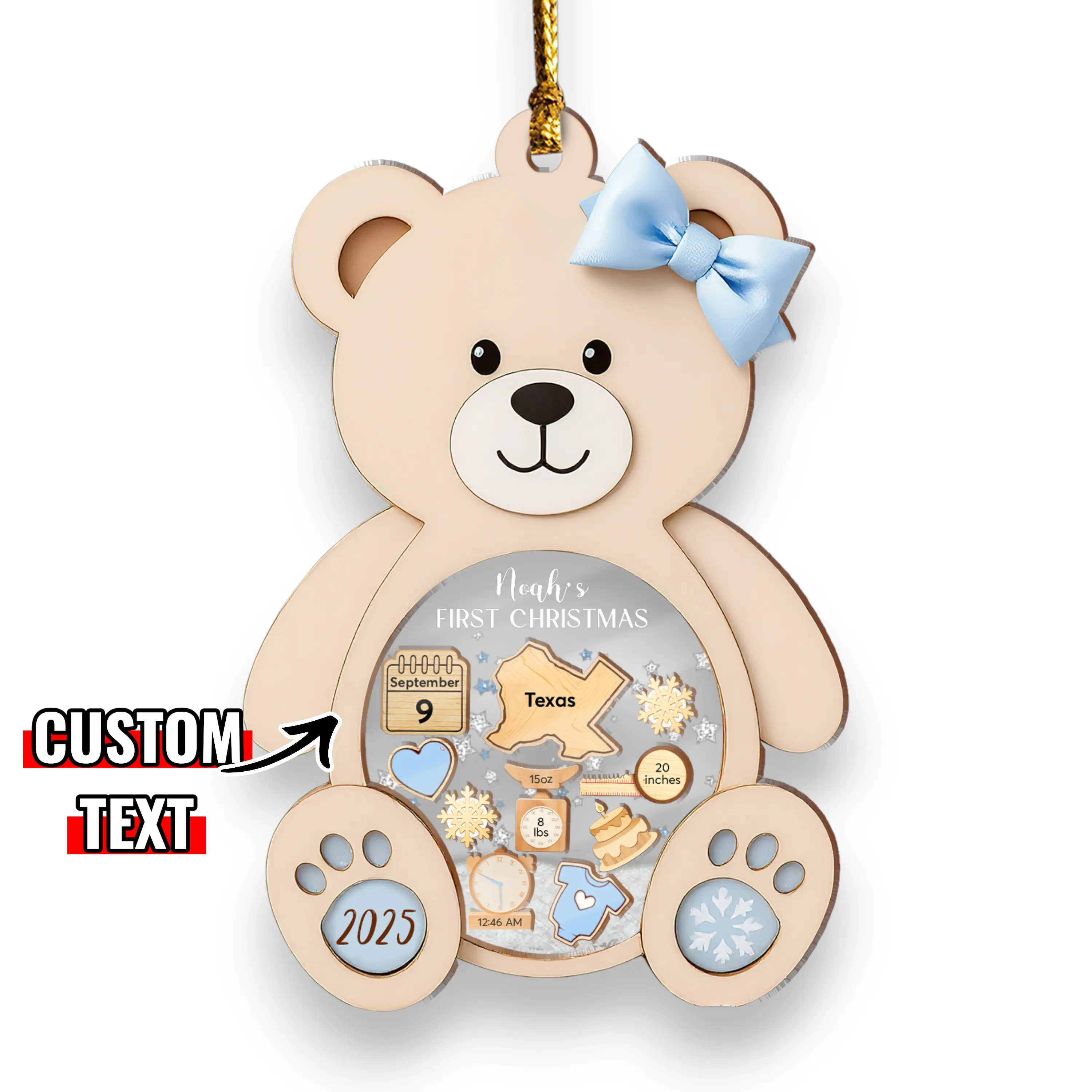 Personalized Baby's First Christmas Ornament 2025 Custom Baby Boy Girl First Christmas Bauble Newborn Gift 4D Shake Ornament for Babies with Custom Text and Teddy Bear Design