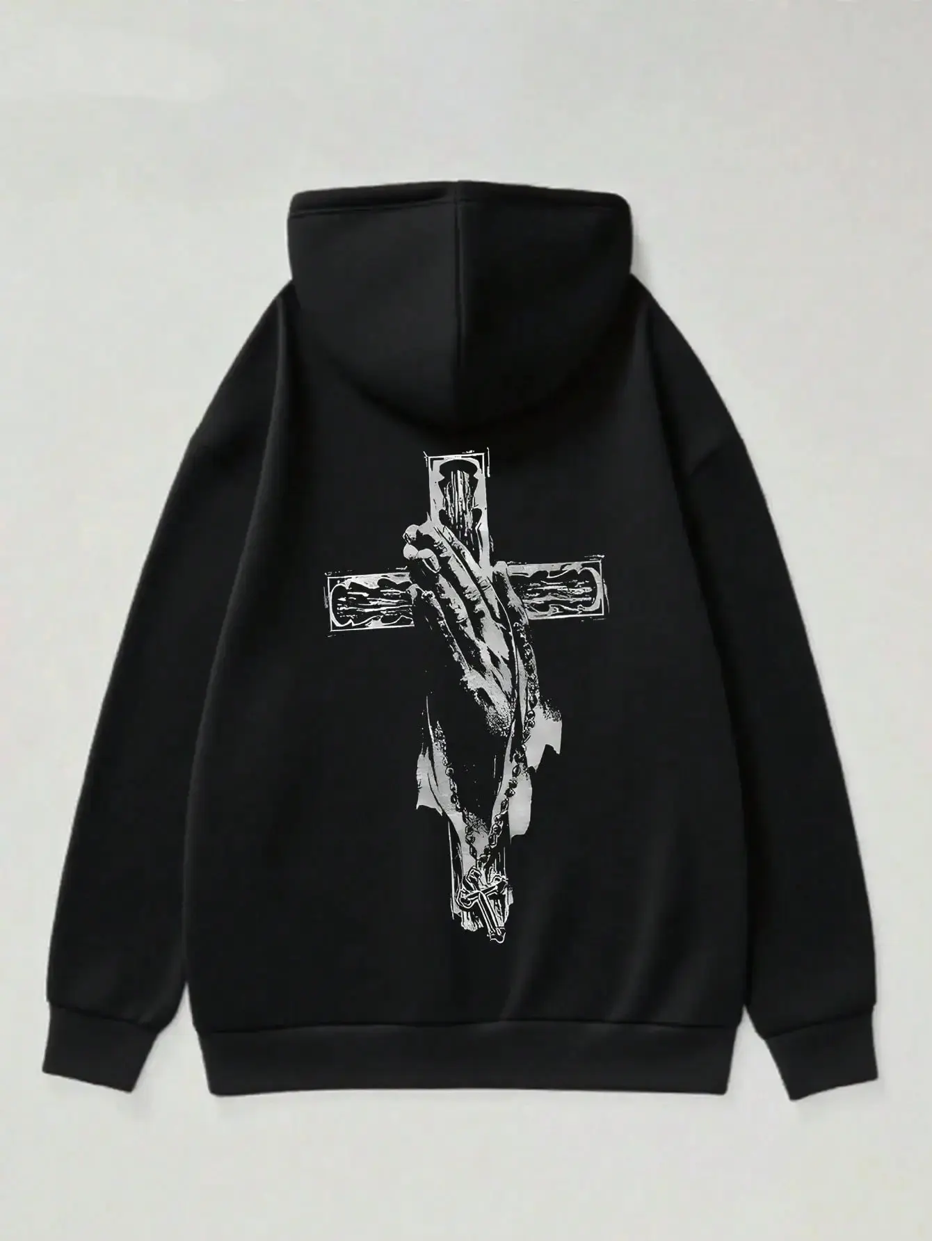 Men's Christian Prayer Hoodie With Praying Hands And Cross Print On The Back - 530g Heavyweight Beige/White Religious Apparel, Loose Fit, Casual, Warm