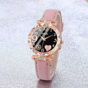 2pcs Elegant Rose Golden & Pink Faux Leather Strap Quartz Watch Set with Sparkling Rhinestone Heart Dial, Round Analog Watch & Matching Bracelet - Quartz Movement, Fashion Gift for Women, Birthdays, Parties, Casual Attire - Stylish & Affordable Luxu