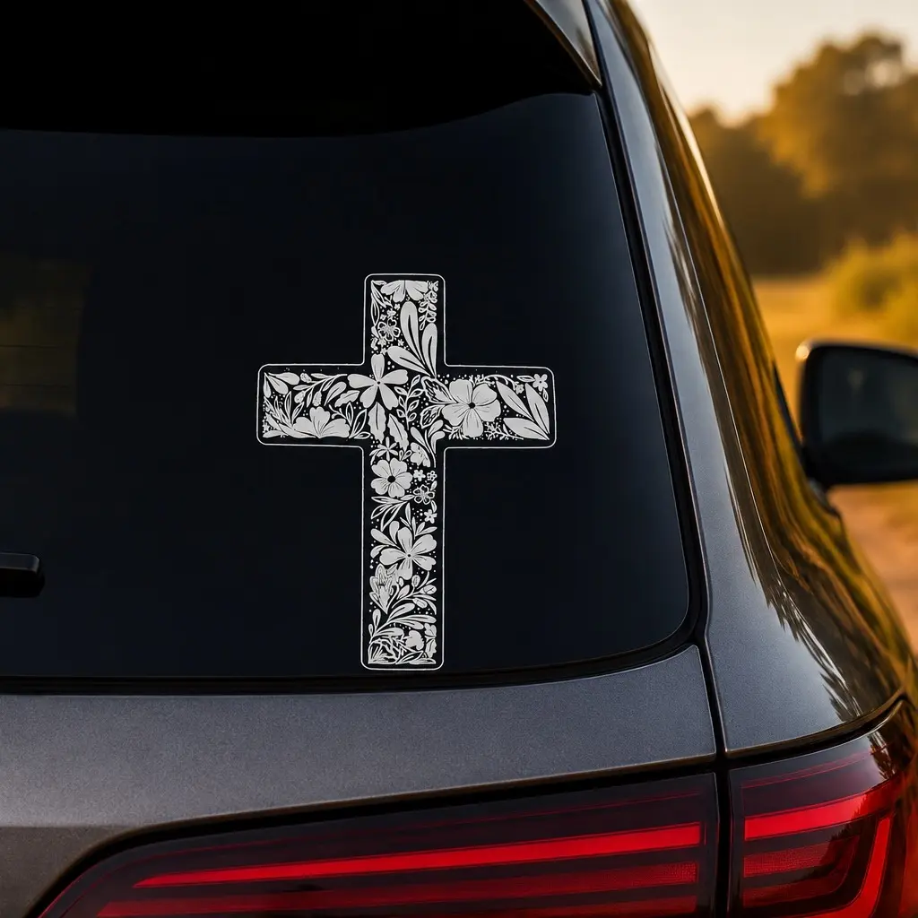 Christian Floral Cross Vinyl Decal Sticker, Outdoor Adventure Gift for Him and Her, Waterproof Scratch Resistant Sticker, Car Window Laptop Decor