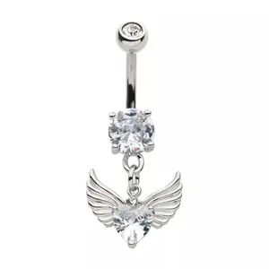 CZ Crystal Heart with Angel Wings Dangling Belly Button Ring - 316L Stainless Steel