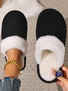 Classic Two-Tone Design Slippers, Soft Suede Upper & Plush Fleece Lining, Anti-Slip Thick Sole, Comfortable Home Shoes
