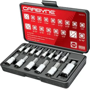 CARBYNE 14 Piece SAE Hex (Allen) Bit Socket Set, SAE, Includes 5/64" to 1/2", S2 Steel Bits, 1/4", 3/8", 1/2" Drive
