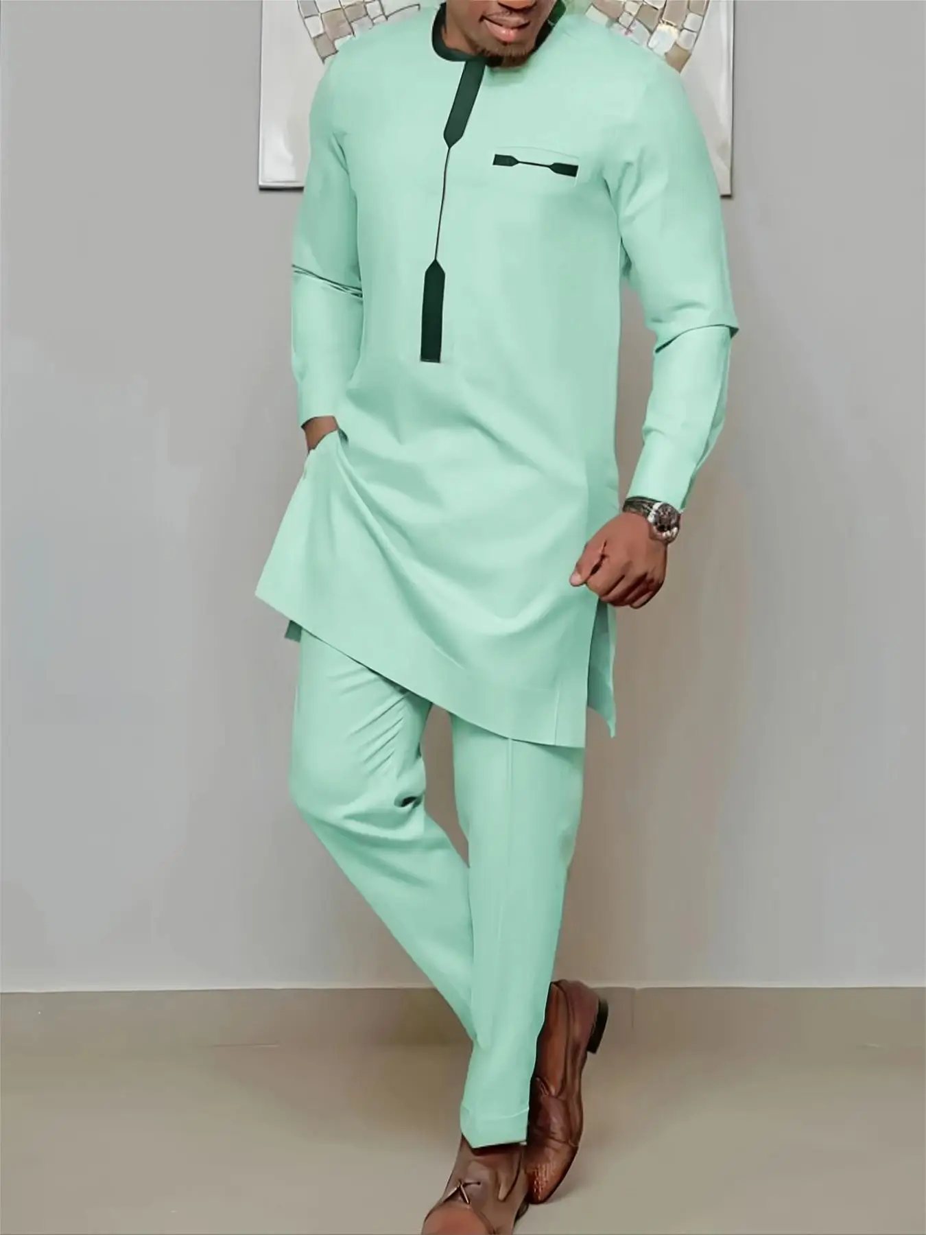 Two-piece Set Men's Striped Print Long Sleeve Top & Elastic Waist Pants, Regular Fit Quality and Comfort Casual Split Hem Top & Drawstring Waist Trous