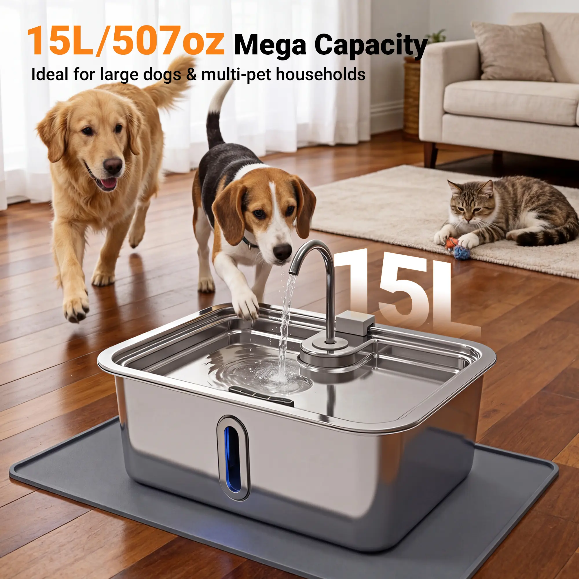 15L/3.96Gal Large Dog Water Fountain with Pet Feeding Mat & 3 Filters, Stainless Steel Pet Water Fountain for Dogs Cats, Dog Water Bowl Dispenser with Visible Window, Alert Light, Quiet Pump