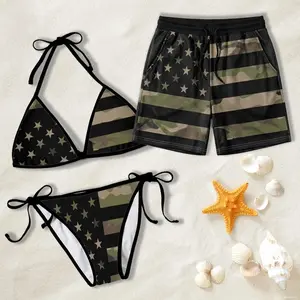 Camo Matching Couple Swimwear Set 4th of July, USA Flag Stars Stripes Camouflage Bikini & Mesh Shorts outfits, Couple Beachwear