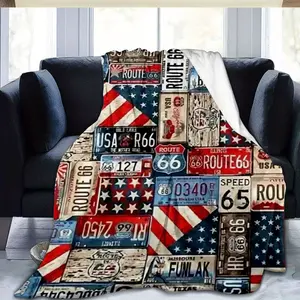 1pc Vintage Route 66 Plaid Flannel Throw Blanket - Ultra-Soft Warm All-Season Cozy Throw for Travel, Home, Office - Machine Washable 100% Polyester Blanket, Travel Blanket, Office Throw, Vintage Design, Soft Flannel