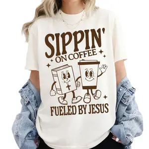 Coffee Loving Christian T-Shirt, Retro Faith Tee, Jesus Apparel, Funny Religious Shirt, Bible Humor, Caffeine Drinking
