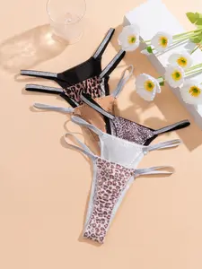 Women's 6-Pack Leopard Print Bikini Thong Panties, Lingerie, Underwear, Slim Waistband, Comfortable Fit, Perfect for Various Occasions, Womenswear
