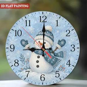 10 Inch Silent Non-Ticking Wall Clock, Winter Snowman Acrylic Clock with Snowflake Design, 2D Flat Round Wall Decor, Battery Operated Clock with Black & White Hands for Bedroom, Kitchen, Living Room, Office & Holiday Gift