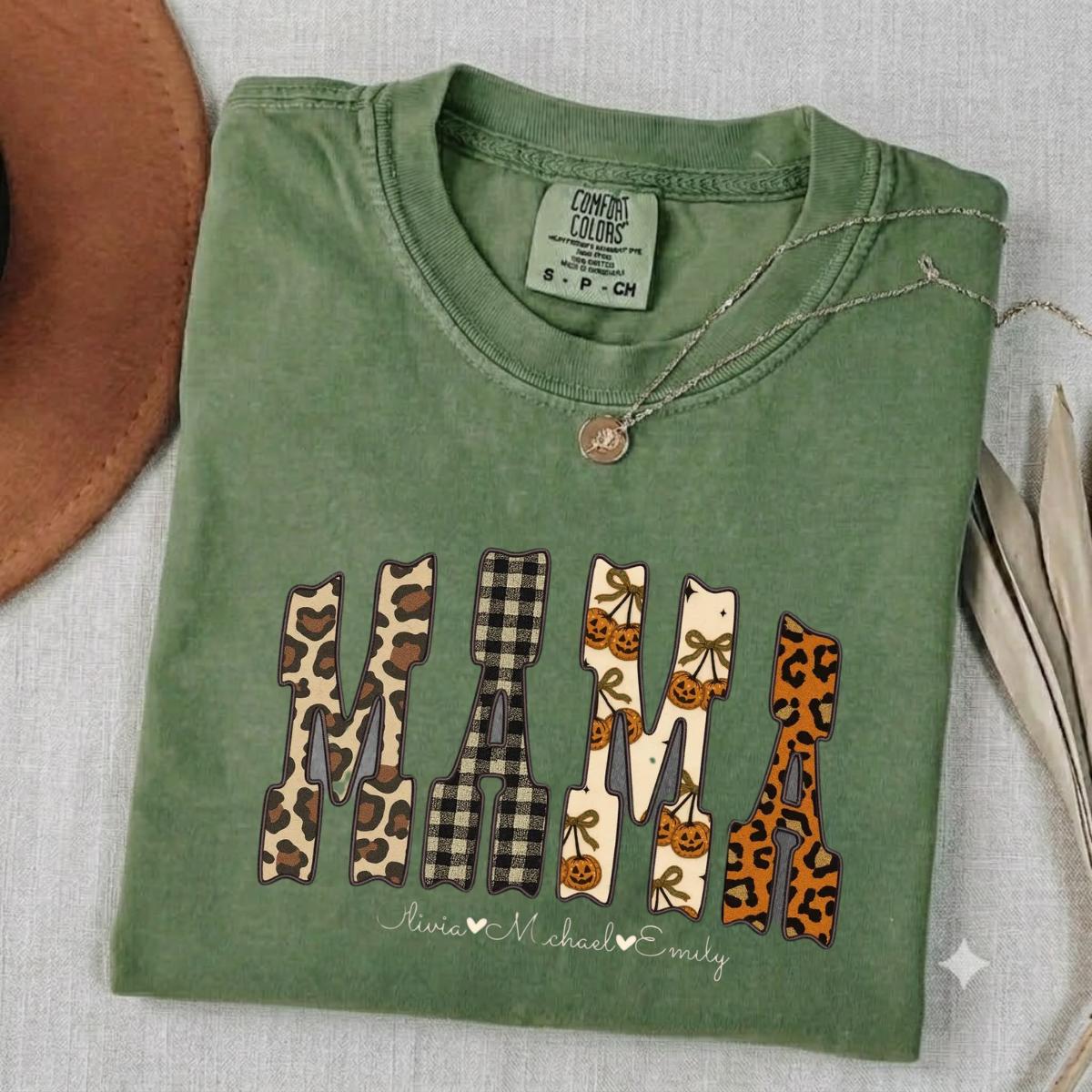 Fall Mixed Patchwork MAMA T-Shirt Comfort Colors Moss Green Shirt Personalized Kids Names Pumpkin Leopard Plaid Mama Graphic Tee Autumn Mom Gift Top