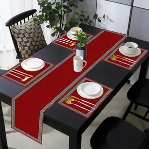 1 piece/5 piece set, Rectangle tablecloth, dining mat+table flag combination, geometric Greek key design tablecloth, dressing table, red dining table decoration, kitchen dining table decoration, suitable for family vacation, wedding, party decoration