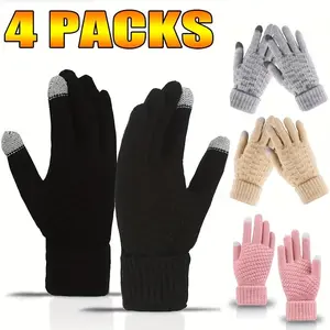Winter Warm Essential 4 Pairs Women's Thermal Fleece Lined Gloves Cold Warm Winter Touch Screen Gloves Winter Warm Gloves Korean Style Gloves Velvet Thickened Cycling Gloves Elastic Cuffs Suitable for Skiing, Going Out, Outdoor daily must-have tiktokshops