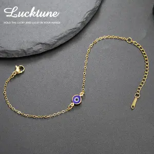 Lucky Tone Stainless Steel Turkish Evil Eye Bracelet Ladies Flat Blue Evil Eye Lucky Chain Charm Bracelet Jewelry Paper Cup Gift