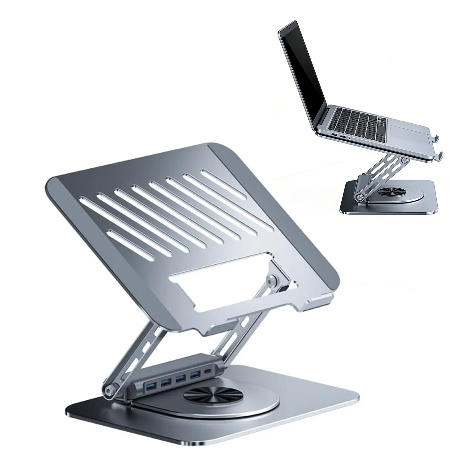 2-in-1 Laptop Stand with Magnetic Detachable Dock, 5-Port USB Hub, Adjustable Riser for Desk Setup 2-in-1 Laptop Stand with Magnetic Detachable Dock, 5-Port USB Hub, Adjustable Riser for Desk Setup
