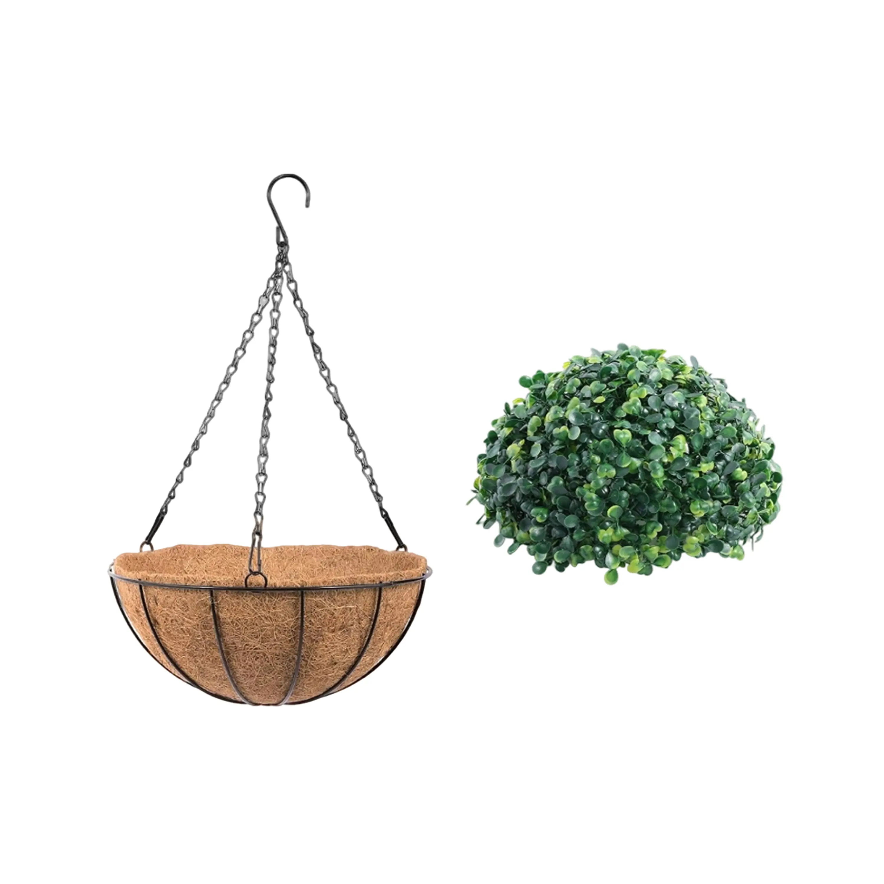 12-Inch Coconut Coir Metal Hanging Planter Basket with Topiary Ball Set, Heavy-Duty Chain for Outdoor Porch, Garden Decor
