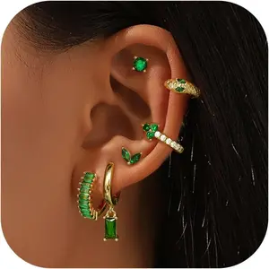 6 Pairs Stainless Steel Stud Earrings for Women 14K Gold Plated Green CZ Water Drop Dainty Small Hoop Earrings Sets Trendy Piercing Jewelry Gifts