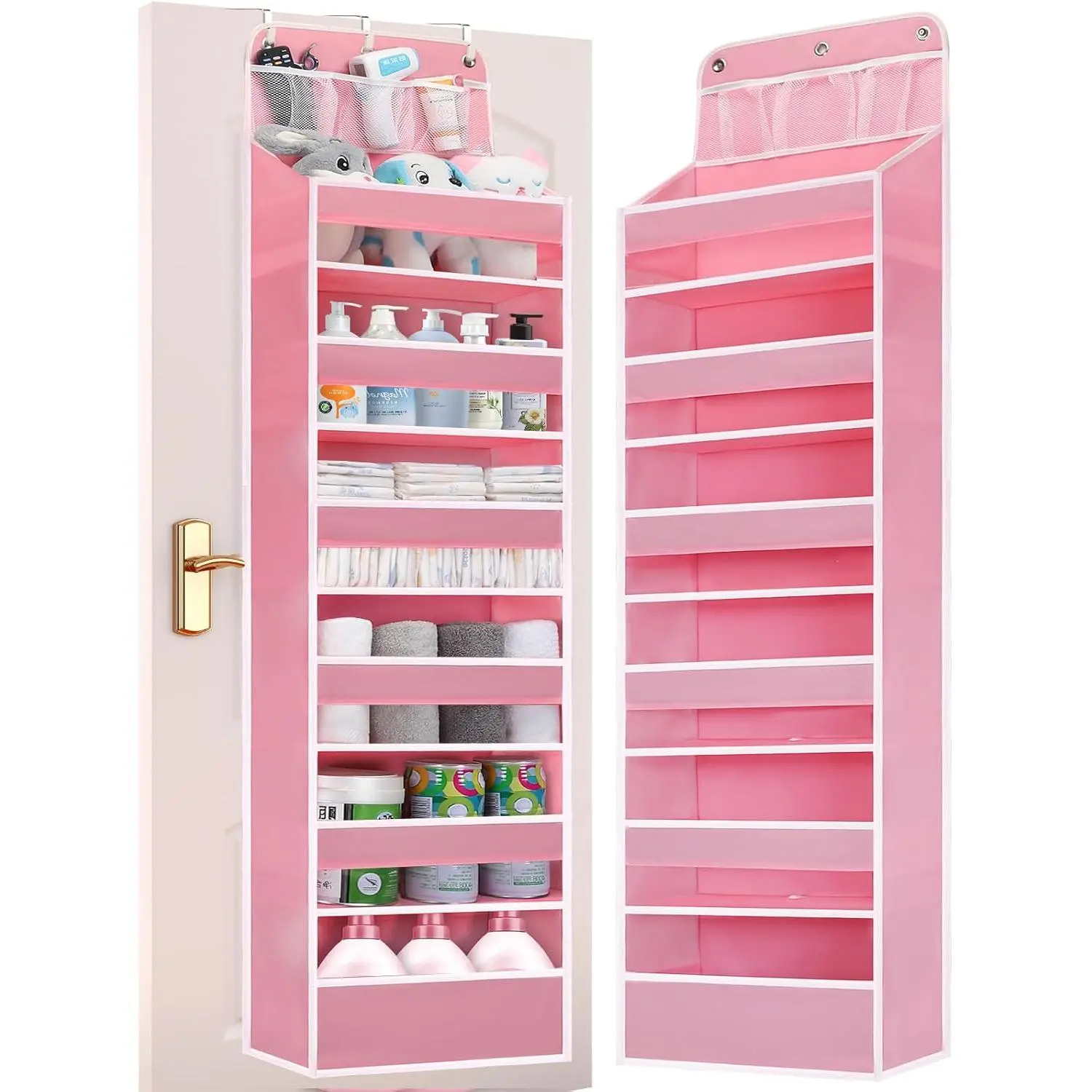Over Door Hanging Organizer, Multi-Tier No Tilt Baby Closet Organizer with Pockets for Diaper Kids Toys, Hanging Organizer Storage for Newborn Essentials Nursery Bathroom (6 tier Pink), Hangable, Baby Items