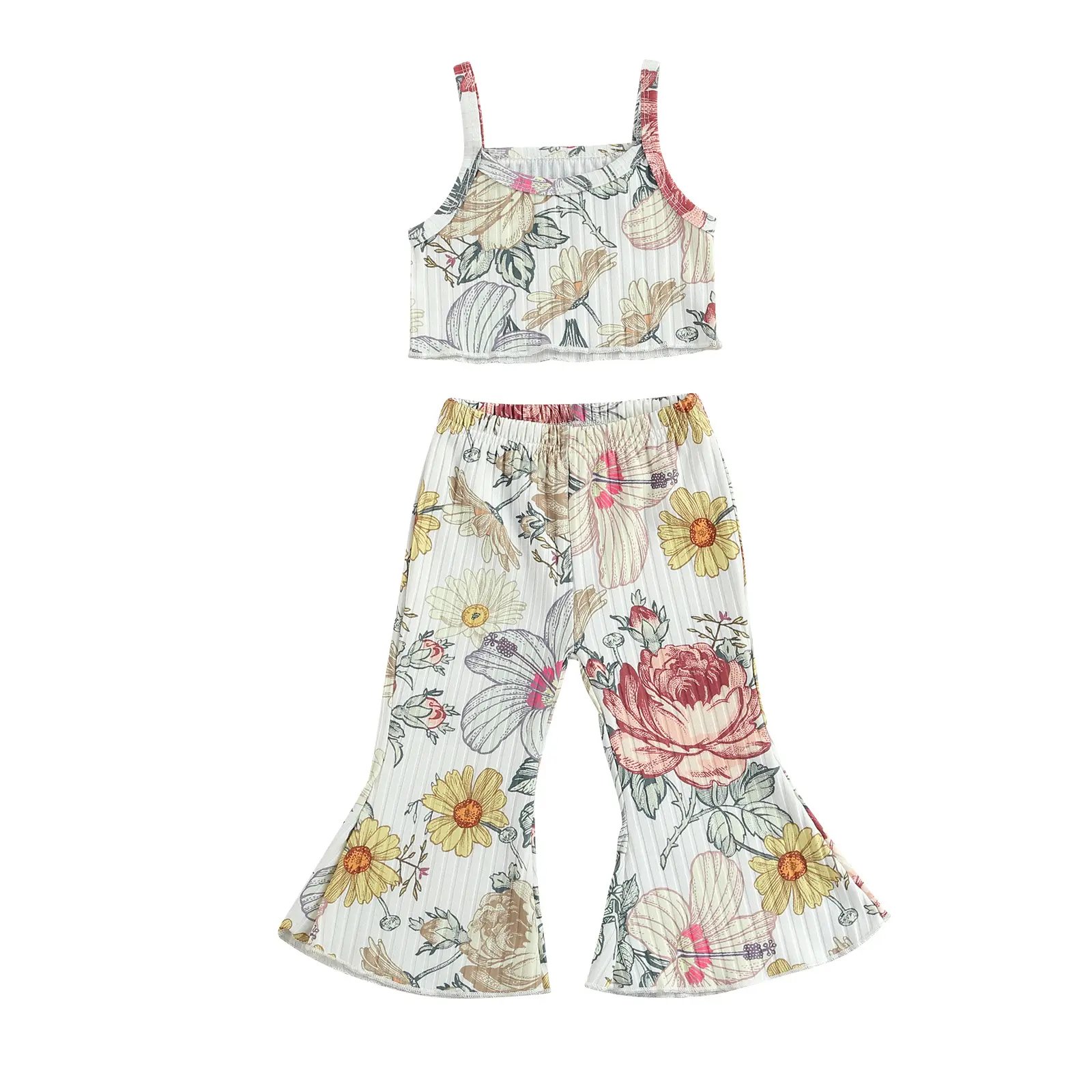 Toddler Kids Baby Girl Flare Outfits Strap Crop Tank Top Wide Leg Pants Bell Bottoms Summer Casual Clothes Set