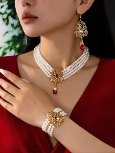 New Fashion Elegant Vintage Palace Style Faux Pearl Beaded Necklace Bracelet Earrings Set, Luxury High-End Jewelry Accessories