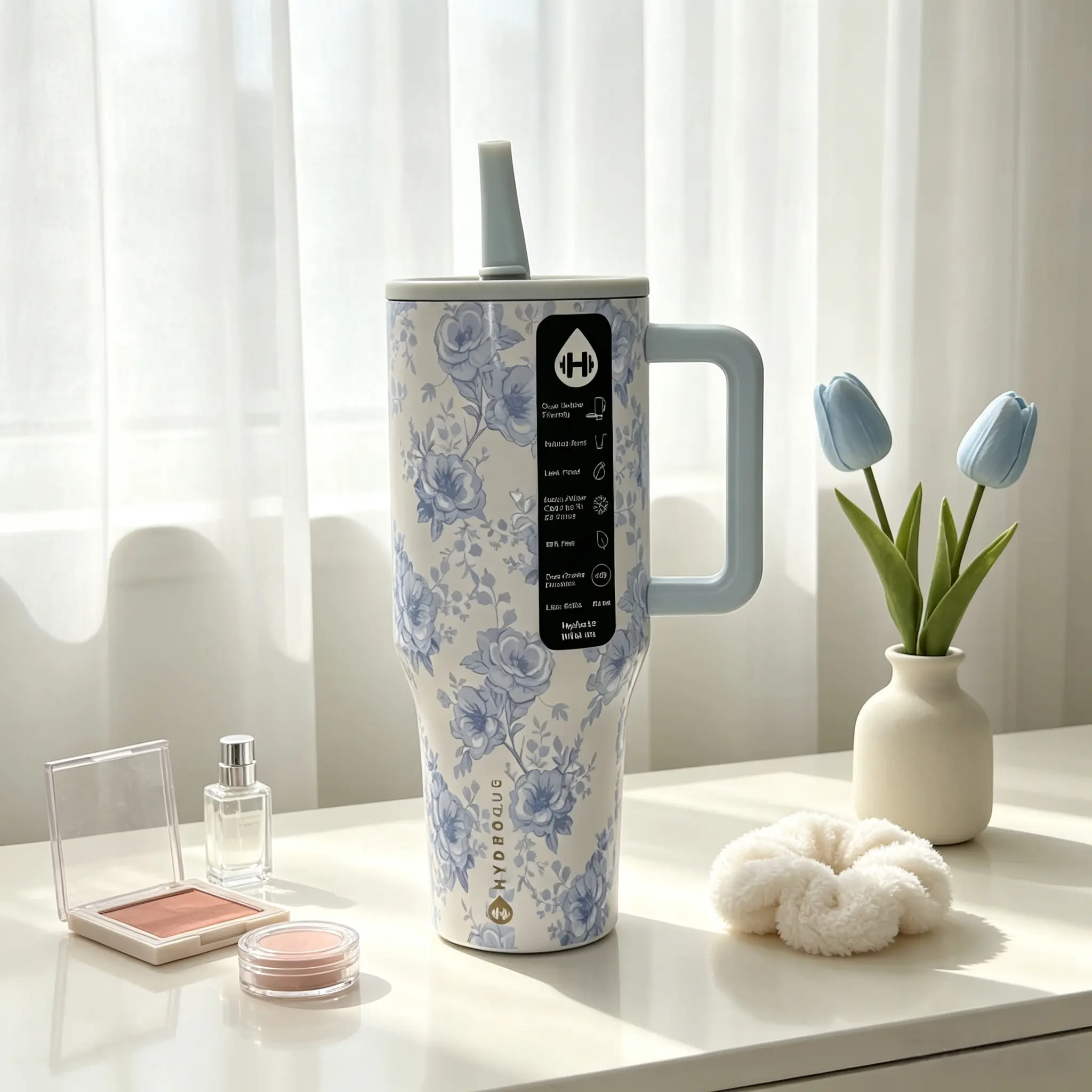 Hydrojug 40oz (1,000-2,000 ml) Stainless Steel Delicate Light Blue Floral Insulated Tumbler, Tumbler Shape, Comfort Grip Handle, Straw Cap, Spill-Resistant, Anti-Scalding, Travel Ready, Desk-Car Essential for Girls, Keeps Drinks Ice Cold 24H Vacuum Flask