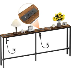 Narrow Sofa Table with 2 Power Outlets, 71" Thin Console Tables Narrow Long, Behind Couch Table Skinny,  Console Tables for Entryway, Living Room, Hallway, Foyer, Rustic Brown