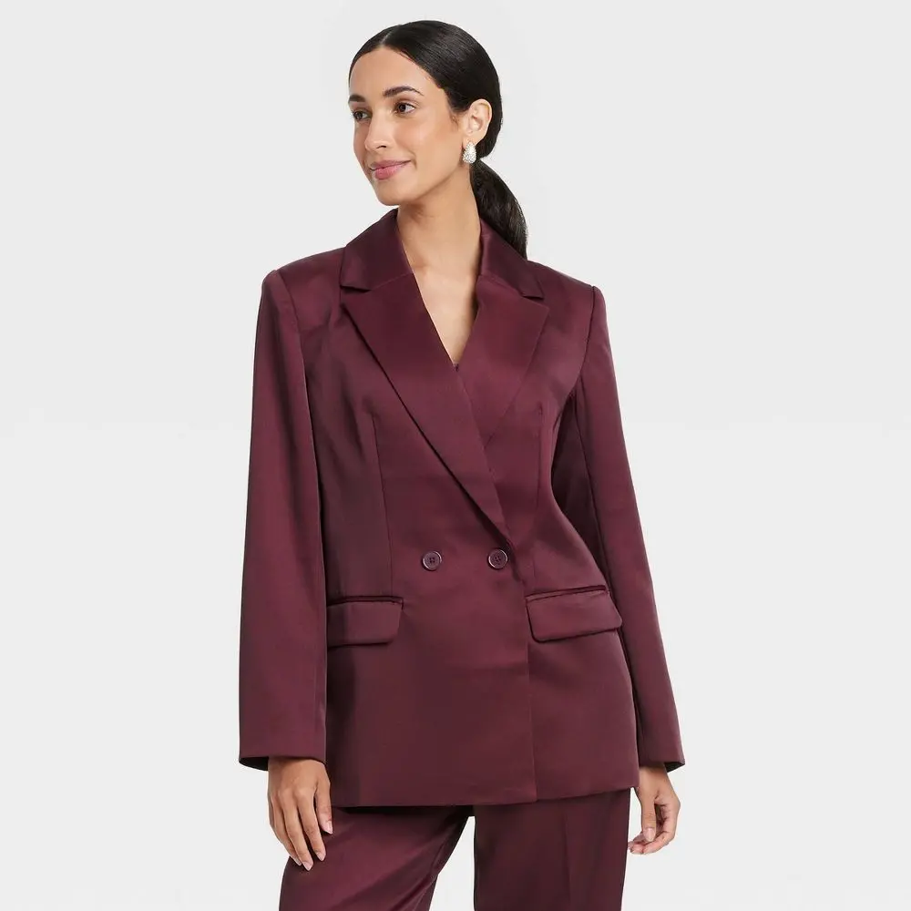 Women's Structured Satin Blazer - A New Day Burgundy L