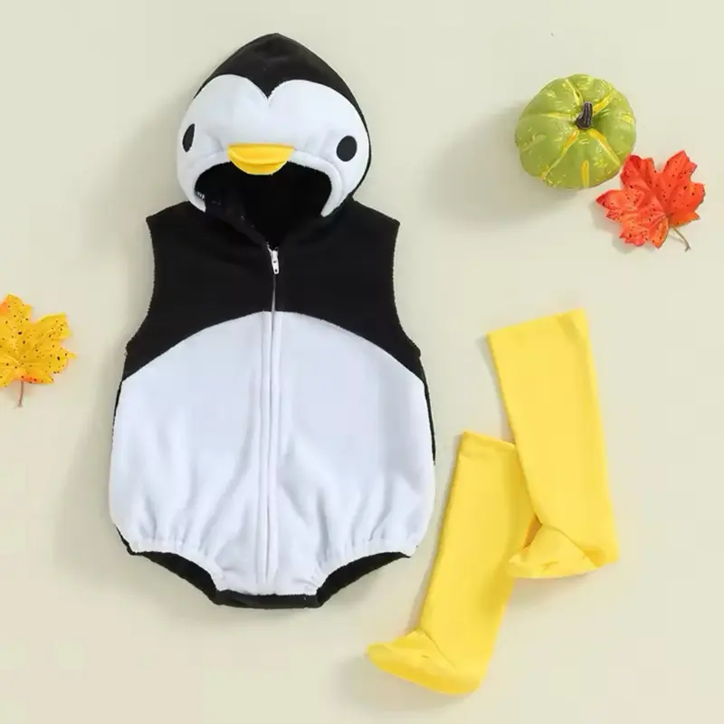 Baby Penguin Costume Fleece Sleeveless Zip-Up Hooded Romper Knee High 2 Piece Set for Girls Boys