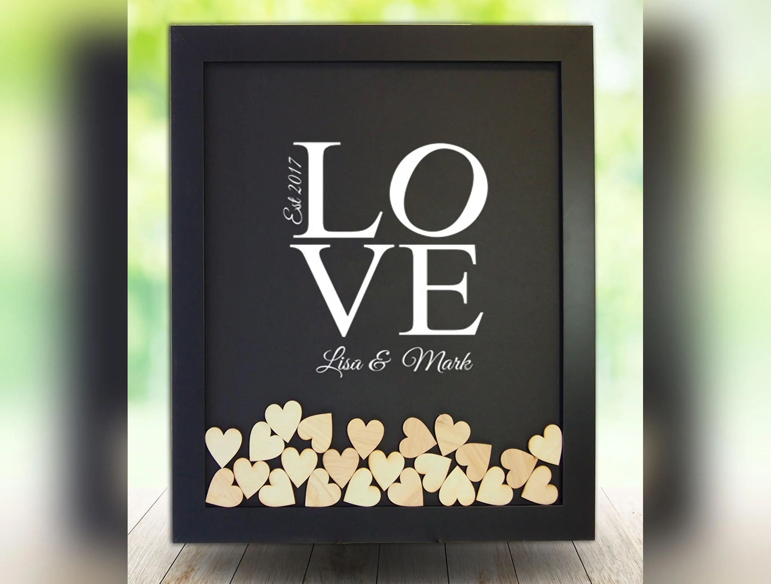 LOVE Alternative Guest Book Frame - Personalized Wooden Hearts Drop Top Guest Book with Acrylic Front for Weddings - Three Sizes Available - Made in USA