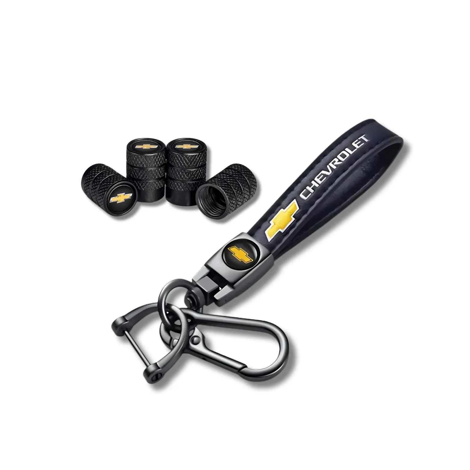 Chevrolet Bowtie Keychain & Valve Stem Cap Bundle – 5pc Set | Premium Black Metal, Anti-Rust Car Accessory Pack