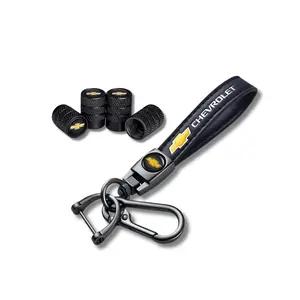 Chevrolet Bowtie Keychain & Valve Stem Cap Bundle – 5pc Set | Premium Black Metal, Anti-Rust Car Accessory Pack