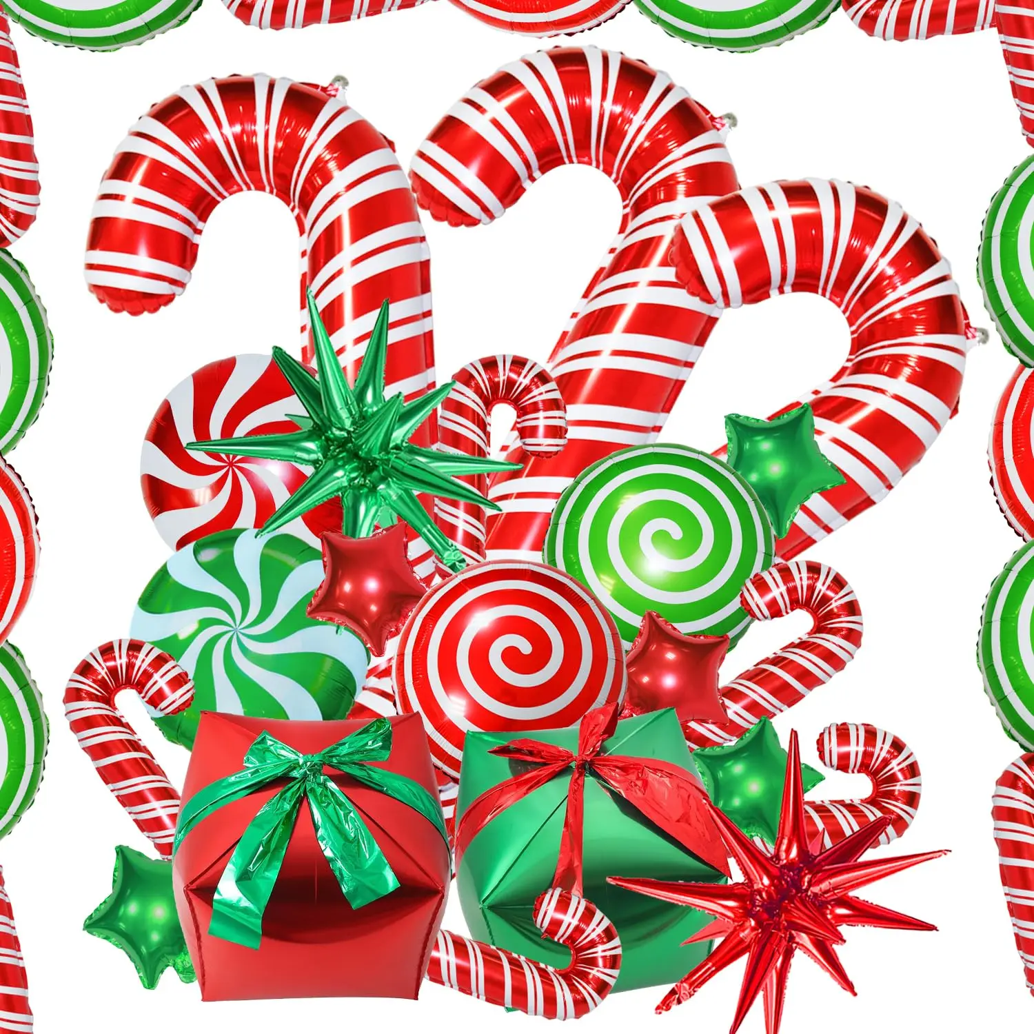 32Pcs Christmas Foil Balloons, Red White Green Large Candy Cane Swirl Candies Balloons Star Foil Balloons And Big Gift Boxes Spike Balloons For Christmas Party Supplies Decoration…