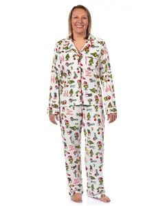 Dr. Seuss The Grinch Pajamas Women's Velveteen Notch Collar Adult 2 Piece Sleep Set